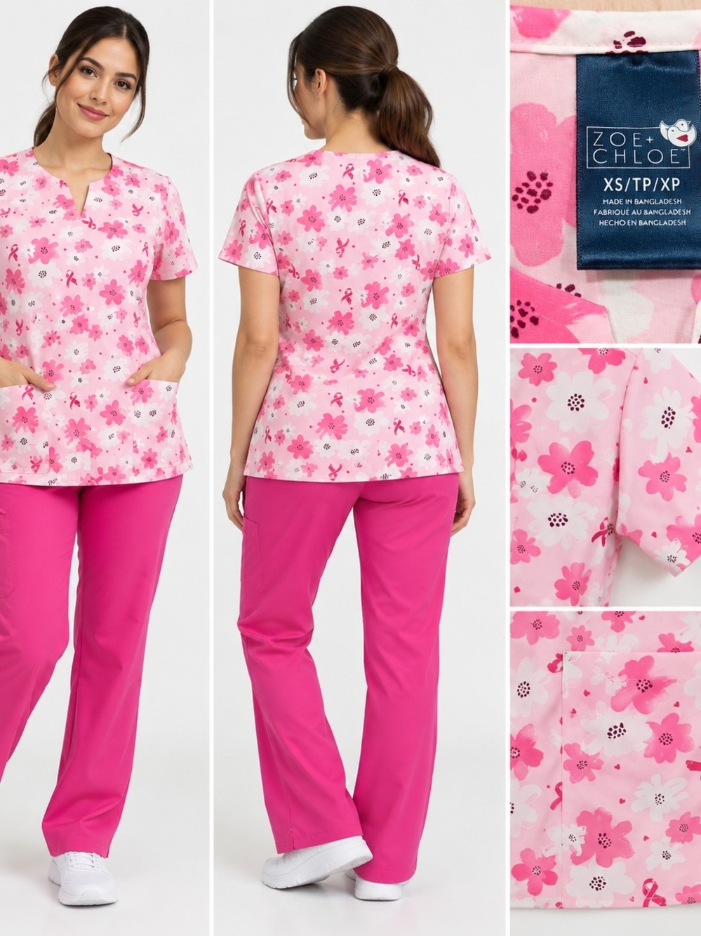 Zoe + Chloe Pink Floral Women's Scrub Top